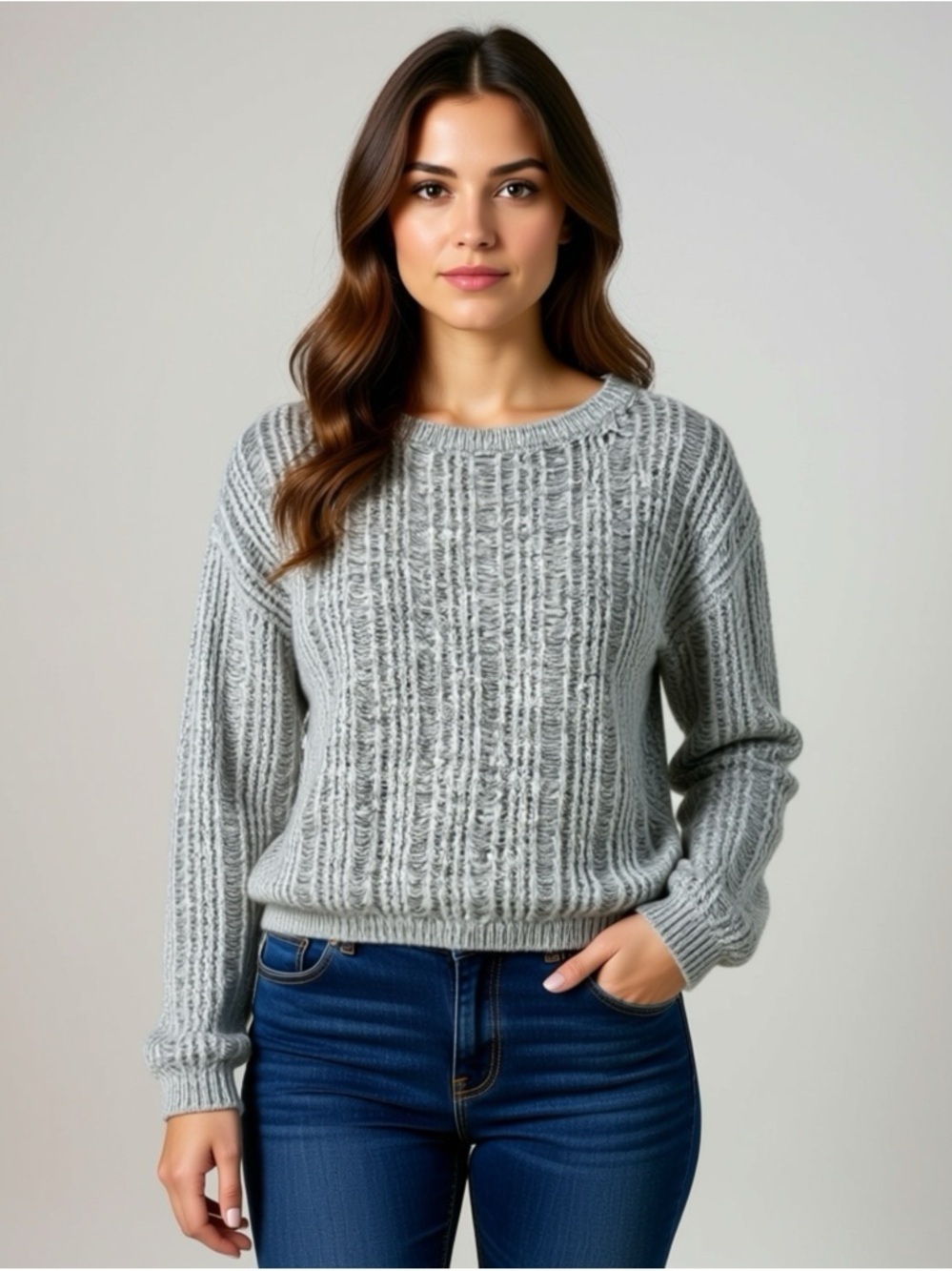 Dynamite Light Gray Loose Knit Sweater Size Small Mohair Wool Blend Soft Crew